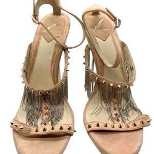 ✨VINTAGE LUX✨ B Brian Atwood Leather Suede Fringe & Gold Studded Heels